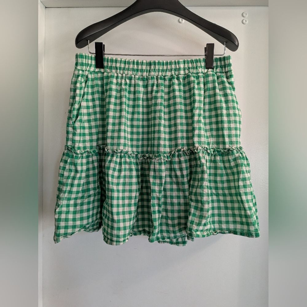 Draper James Green Gingham Tiered Short Skirt Size Large Spring Summer Pockets